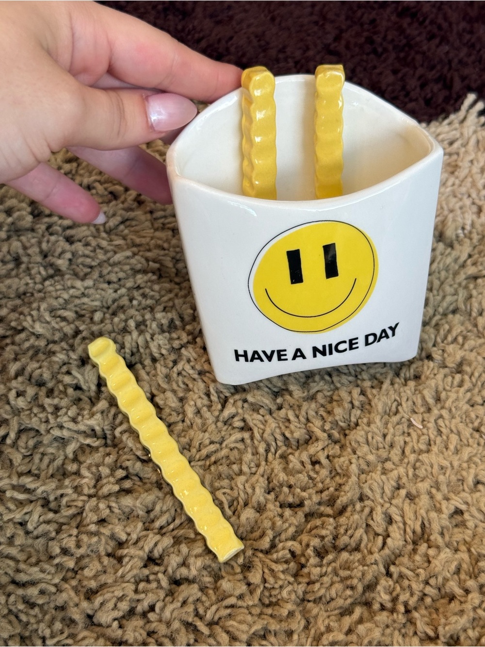 Urban Outfitters White Ceramic Smile Utensil Holder with Yellow Accents